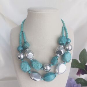 Faux Turquoise Silver Chunky Necklace Statement Double Strand Collar EUC 15-18''